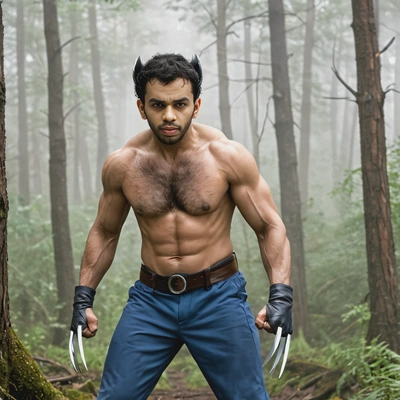 Wolverine (Logan), standing in a misty forest, in a fighting stance