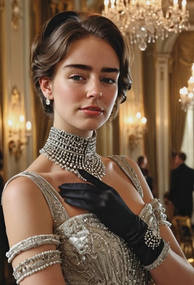 hyperralistic face skin texture details, An American heiress in satin evening gown, opera gloves, diamond choker, Gilded Age mansion with chandeliers, blurry  background, bright lights, long shadows