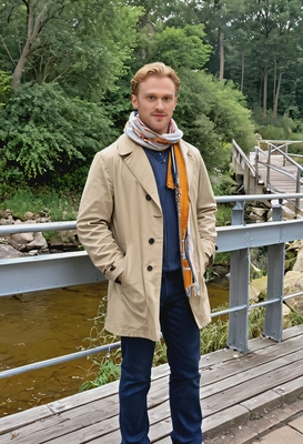 wearing a lightweight coat and scarf, standing on a bridge over a gentle stream