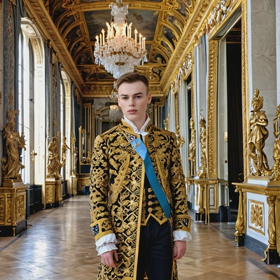 A French king standing in the Hall of Mirrors at Versailles