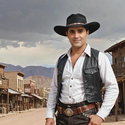 as a cowboy from the Old West, wearing a wide-brimmed hat and leather chaps, standing through a dusty frontier town in the background
