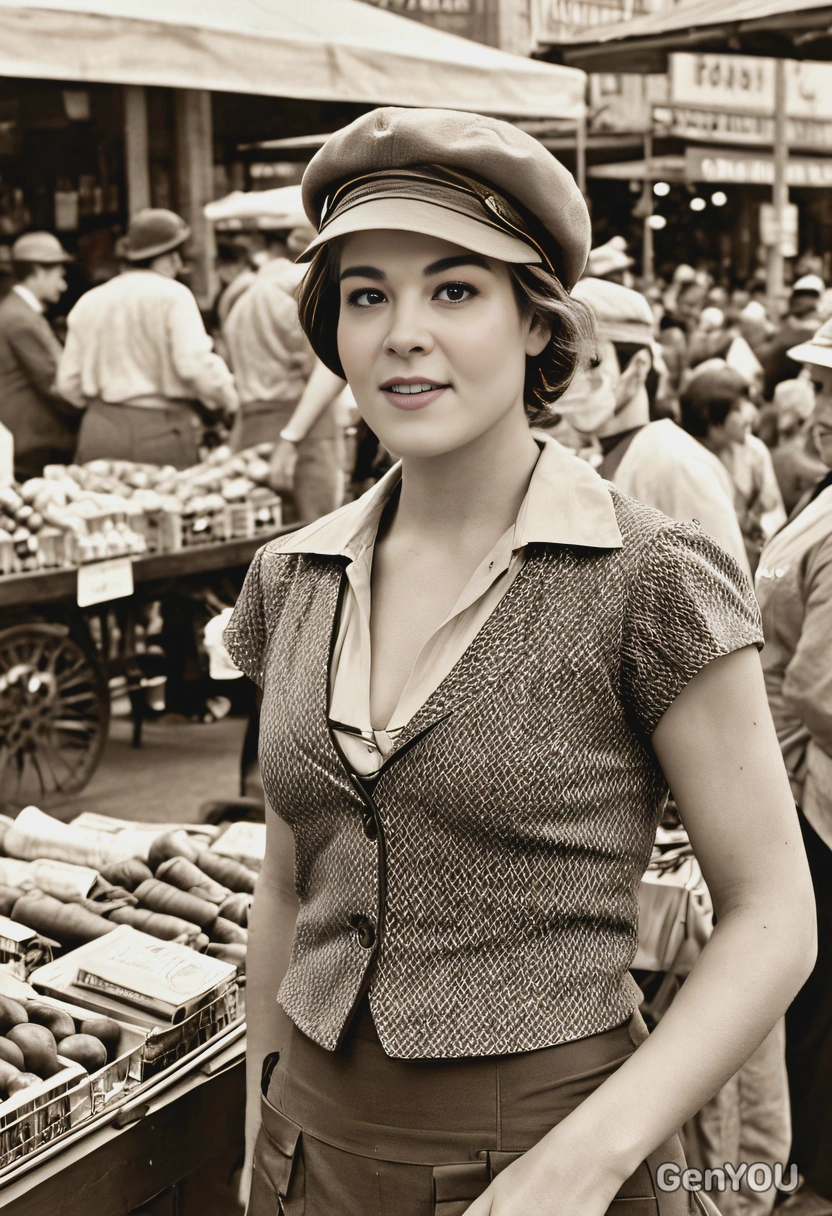in a 1920s newsboy outfit, standing in a bustling city market, captured in sepia tones