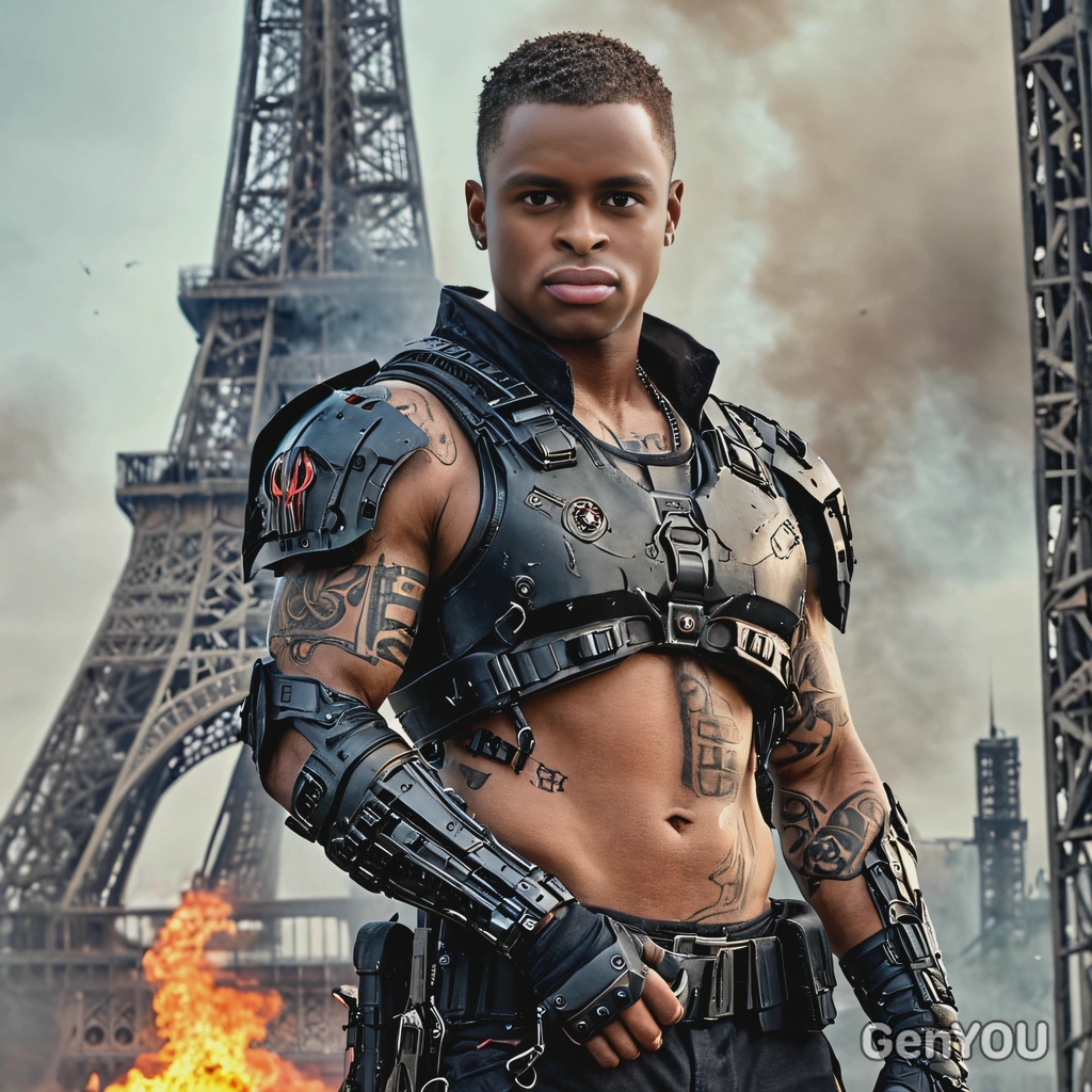 as a cyberpunk warrior, tattered armor, ammunition, holding a gun, unshaved, tattoos, standing in front of ruined Eiffel tower, smoke, fire, close-up photo, looking directly at camera, vivid colors, high-quality cinematographic style