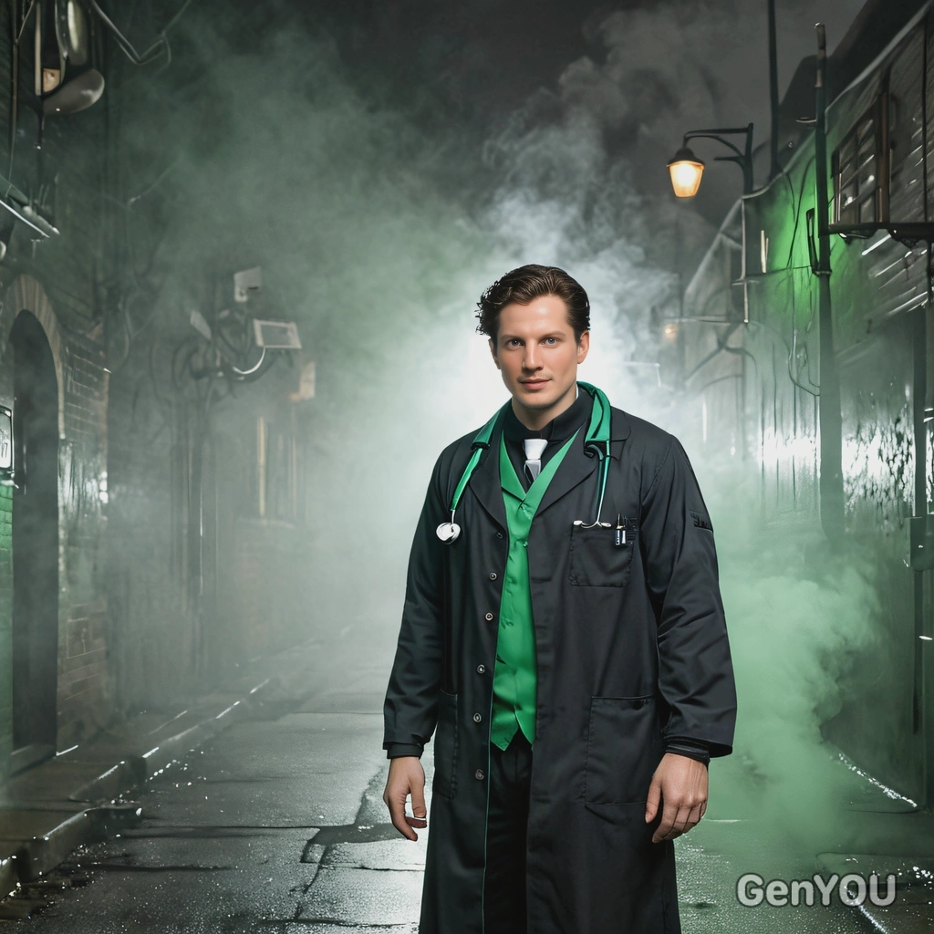 in a black doctor costume, standing in a dark, foggy alley with eerie green smoke behind