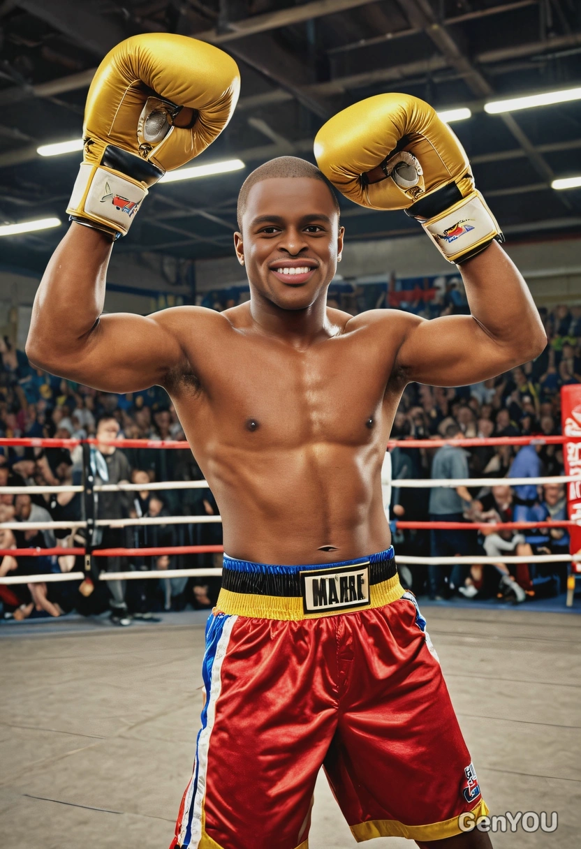 as a bouncy boxer, muscular, colorful boxing gloves, golden championship belt, hopping in a fighting stance, in a boxing rink, stalls with fans on the background, looking into the camera, smiling, bright vivid colors, symmetrical clothing details, high-quality stylized art