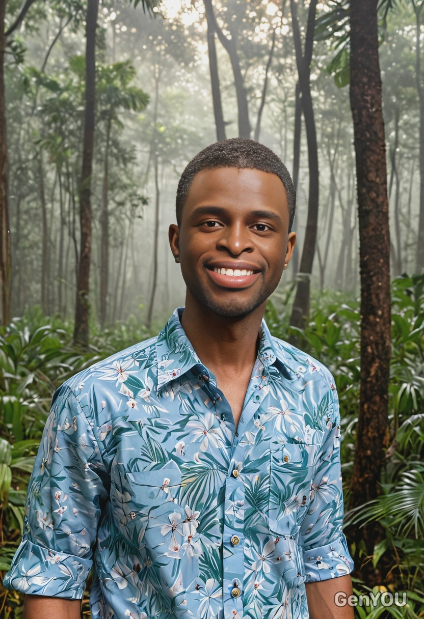 in a light blue floral shirt with clear buttons in a dewy tropical forest at dawn, shoving hands in pockets, smiling 
