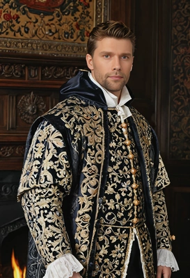 Tudor nobleman beside grand fireplace in richly embroidered attire, capturing high quality essence