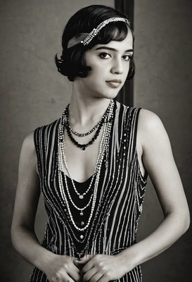 classic flapper fashion, wearing a striped dress with a dropped waistline, long strands of beaded necklaces, hair is styled in the iconic 1920s bob cut with finger waves, romantic posing, typical of the Art Deco period styling and composition, captured in black and white photography with dramatic lighting and shadows, makeup features the distinctive dark eyes and defined lips, blurry  vintage cock