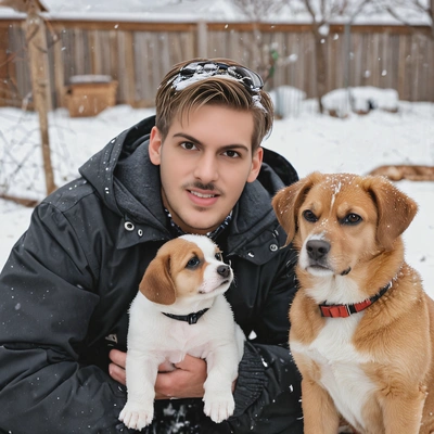 with a puppy in a snowy backyard, soft focus, blurred background 
