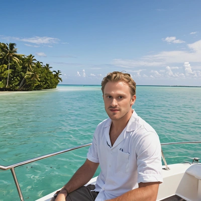 sitting on the edge of a boat, a tropical lagoon