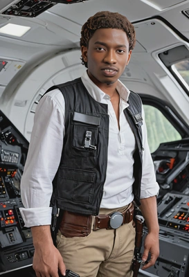 as Han Solo from Star Wars, wearing a white shirt with a black vest and holster, standing in the cockpit of the Millennium Falcon