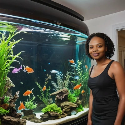 by a large home aquarium with fish, the room softly lit 