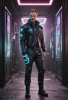 standing at the entrance of a glowing nightclub, in cyberpunk outfit 