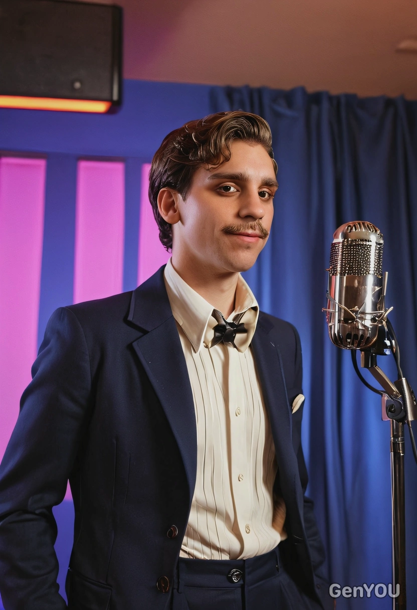 70s retro vibes, blues singer, wearing pleated, high-waisted and wide leg trousers with loose blazers, symmetrical details, recording at the studio, retro microphone, blurry background, neon lights bokeh, soft lighting, long shadows