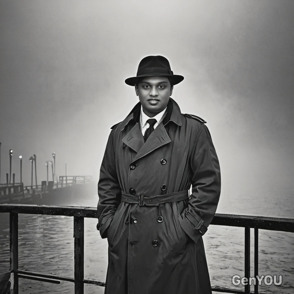 standing on a foggy pier in a trench coat and hat, with a black-and-white filter, film-noir atmosphere