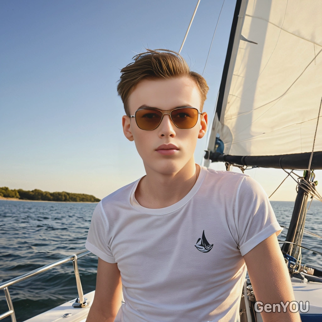 As a sailing participant, wearing the sunglasses, warm light 