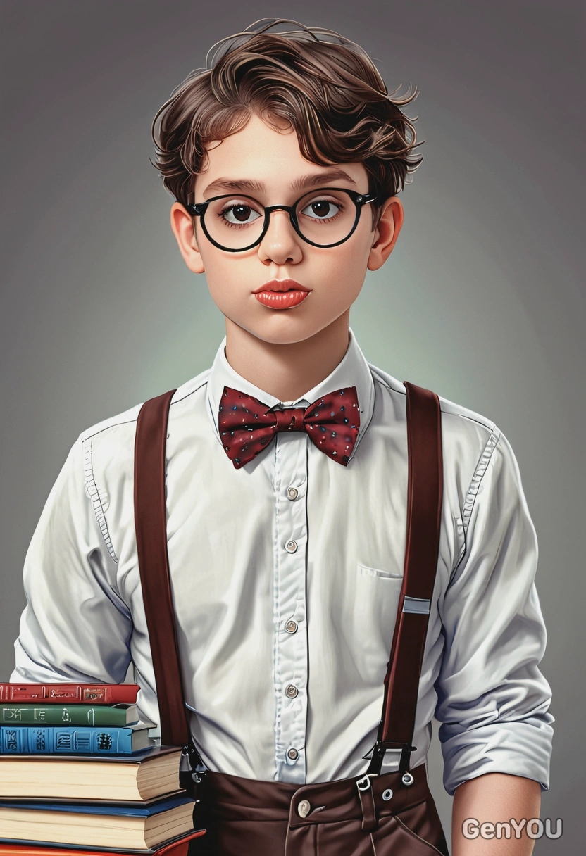 @me as a nerdy kid with large round glasses, braces, and a stack of books, wearing suspenders, a bowtie, symmetrical clothing details, cartoon style, high-quality stylized fanart