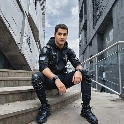 sitting on the steps of a futuristic building, in cyberpunk clothes