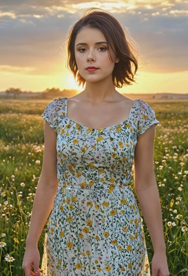 in a floral dress, standing in a dewy meadow at sunrise, with soft morning light casting a golden glow over the landscape