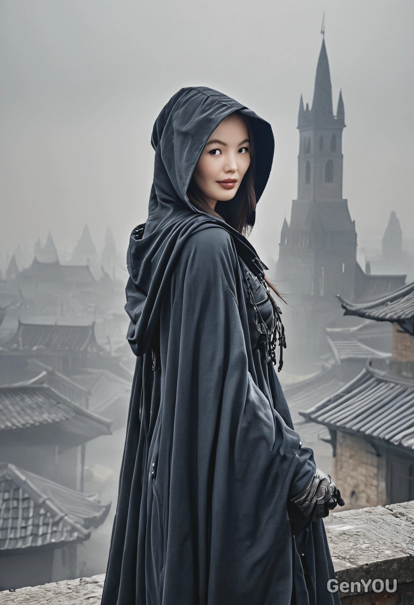 Wearing a mystical hooded cloak, pose as a shadowy assassin, standing on a rooftop overlooking a medieval, fantasy city shrouded in mist