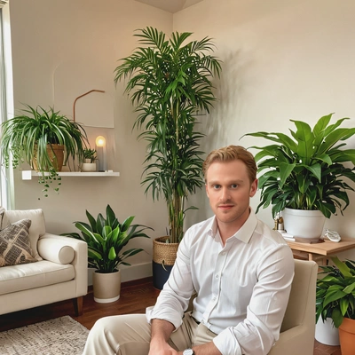 as a therapist in a soft, neutral-toned outfit, seated in a calming, serene office space with plants and soft lighting