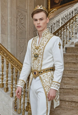 A prince standing by a grand marble staircase, costume embroidered with gold thread and precious gems