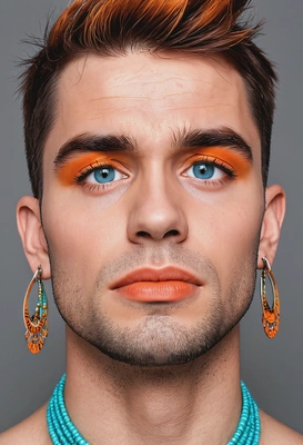 artistic eyeliner, symmetrical details, earrings, top knot, looking up, orange and turquose makeup
