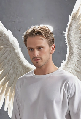 angel, white clothes, blurred background, halo