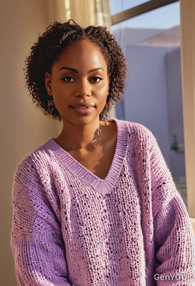 iPhone camera quality, sharp skin texture details, realistic textured face skin, wearing oversized 
 bright lilac loose-fitting knit vest with abstract pattern, romantic pose, blurry photostudio background, morning sun rays from the window