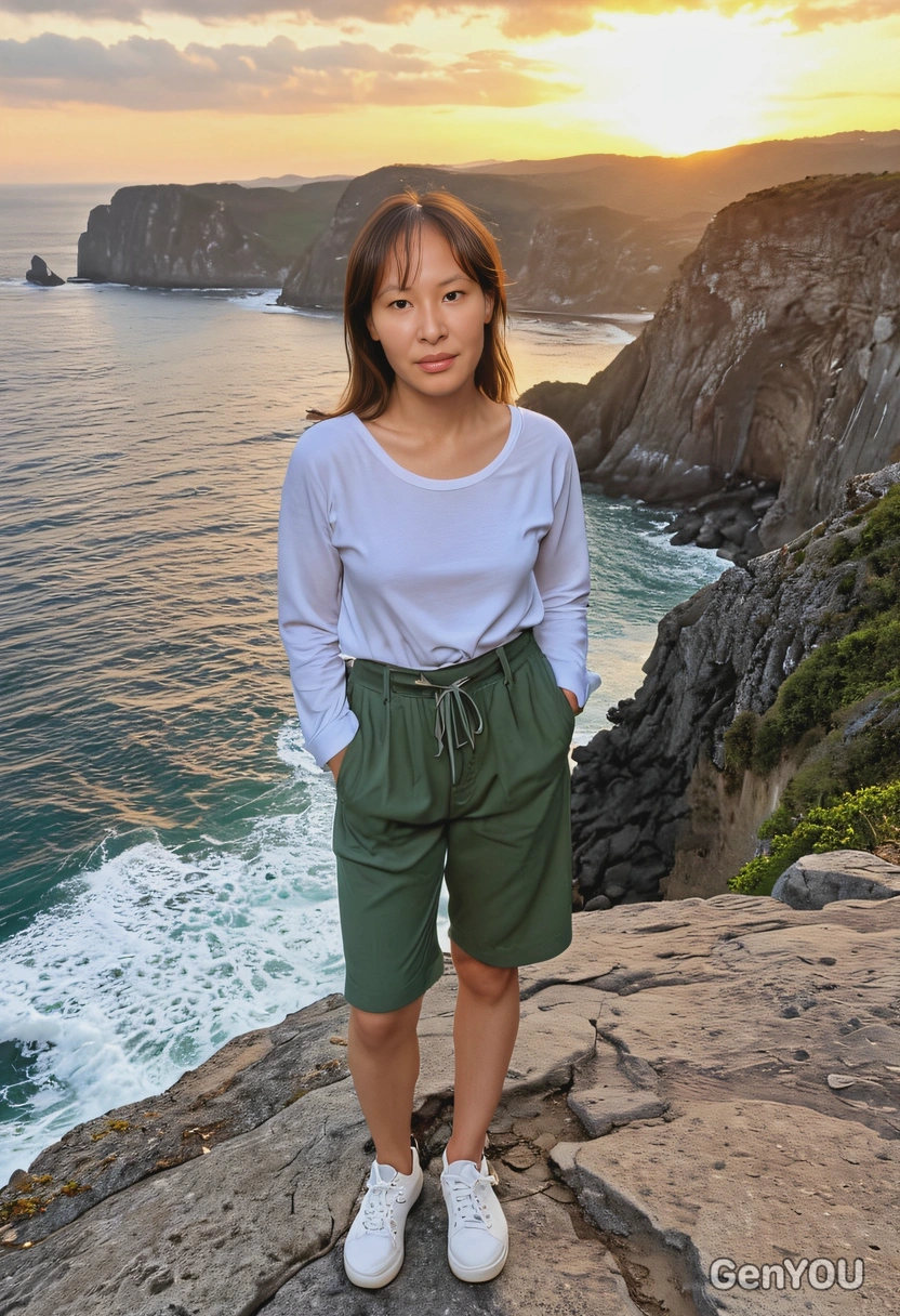 as a sunset watcher from a cliff, in a relaxed outfit, with a breathtaking view of the ocean