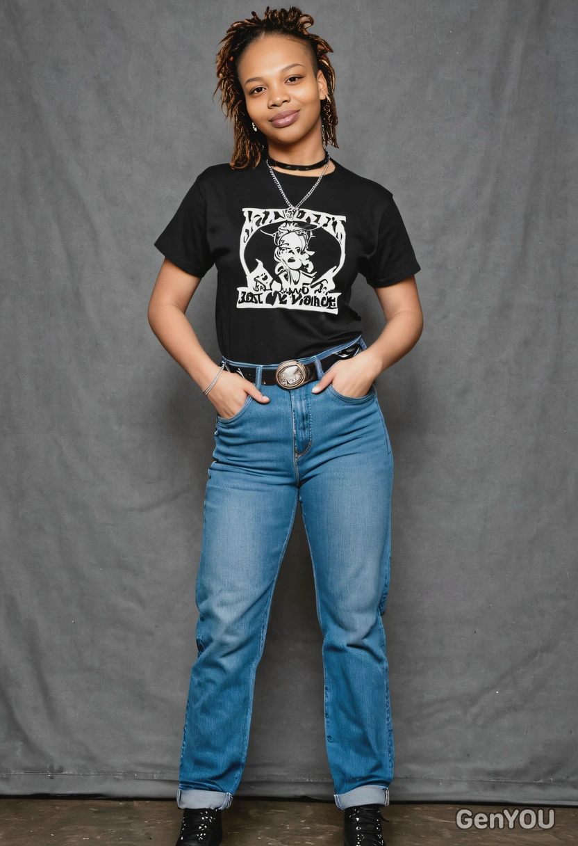 as a 90s riot grrrl, in a band tee tucked into high-waisted jeans, combat boots, and a choker necklace, with a confident stance against a classic yearbook backdrop, hands in pockets  