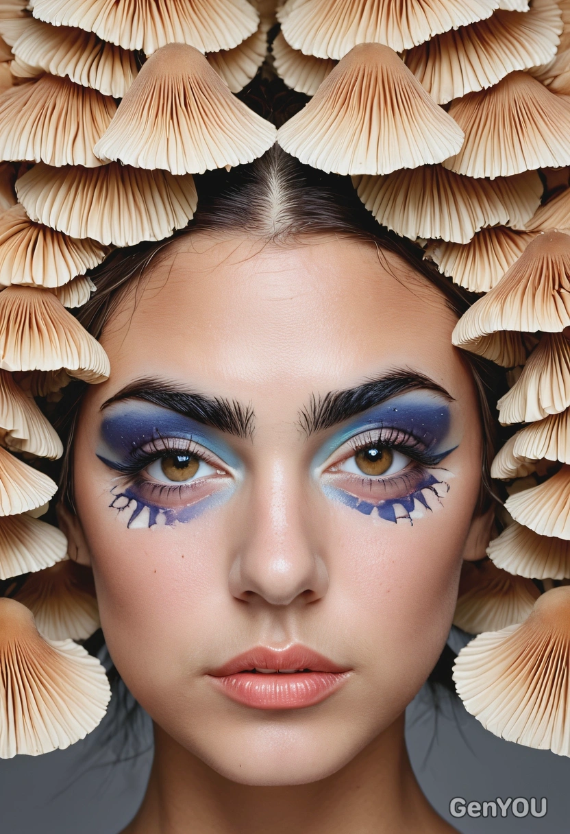 wearing artsy makeup inspired by mushrooms, professional magazine photoshoot, symmetrical details