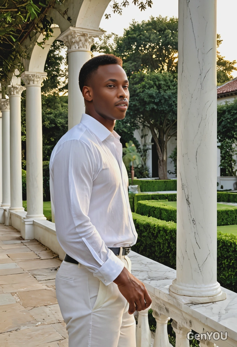 as a man in white shirt, leaning against a marble column in a lavish courtyard, watching the sunset over the estate’s gardens