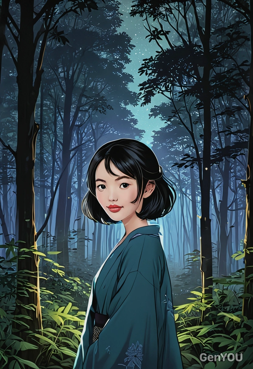 in a night forest, serene atmosphere, anime style, big eyes, manga drawing