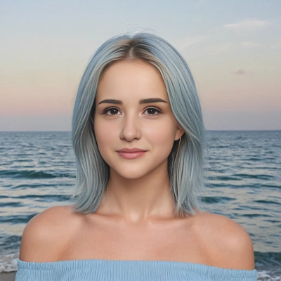 sleek, mid-length hair in soft powder blue with subtle darker roots, against a calming ocean-inspired background