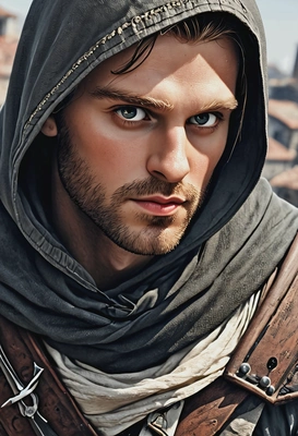 as an assasin from Assasin's Creed, on the roof, close-up, high-quality stylized art, visible brushstrokes, eyes on you, cartoonish style