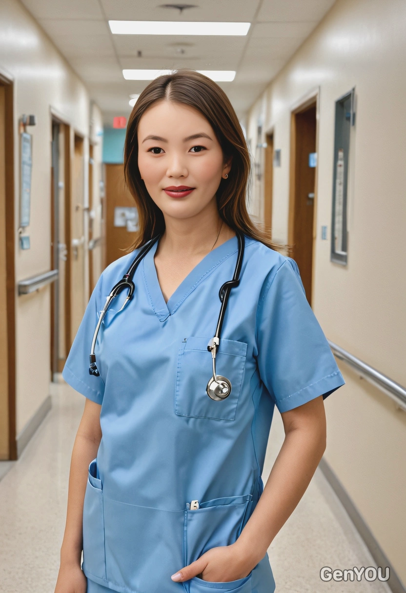 as a nurse in a light blue scrub set with a stethoscope around the neck, standing in a busy hospital hallway, ready to attend to patients with a caring smile