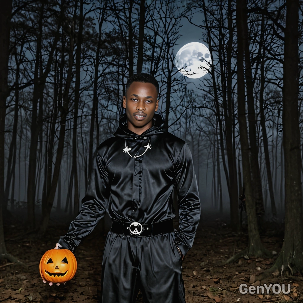posing in front of a full moon in a dark forest, wearing a halloween outfit