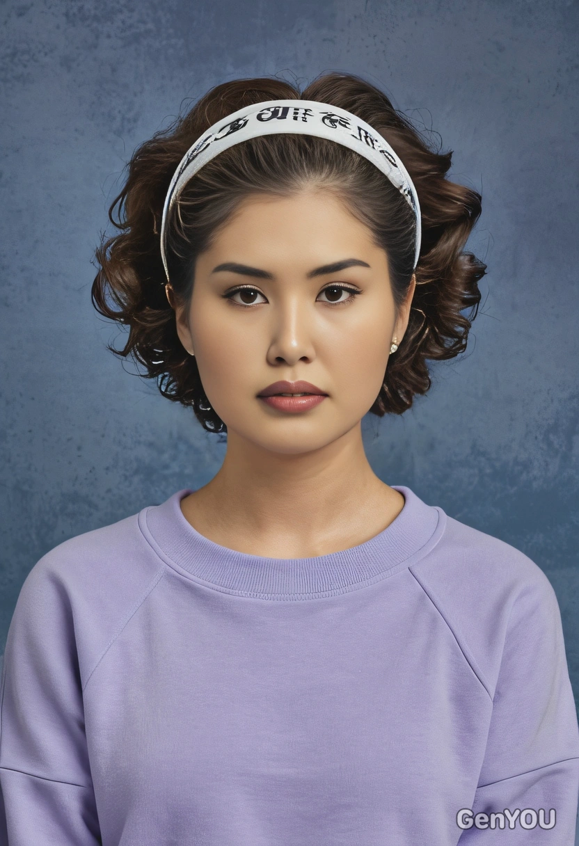 student in a pale purple sweatshirt, with short curls and an elegant headband, mid-shot photo, classic blue yearbook background 