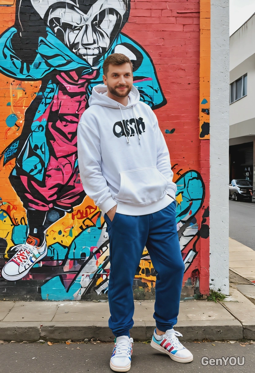 wearing a bright, oversized hoodie and colorful sneakers, posing casually in a trendy urban location with large murals and street art