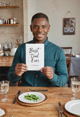 at a family dinner, holding a handmade 'Best Dad Ever' card, smiling proudly, blurred background, professional photoshoot, minimalistic room