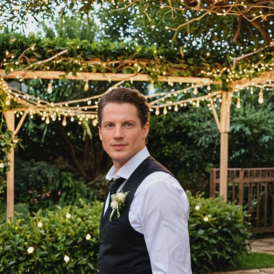 as the groom standing under a canopy of fairy lights in a beautifully decorated outdoor garden, mid shot photo