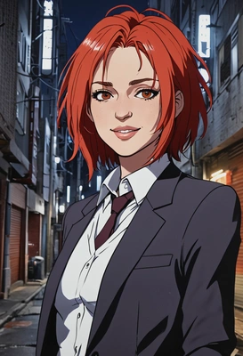 2D anime style, bold outlines, cinematic lighting, In Chainsaw Man anime as Makima, enigmatic smirk, oversized anime eyes, red hair, business suit, standing in a dimly lit city alleyway, waist-up frame