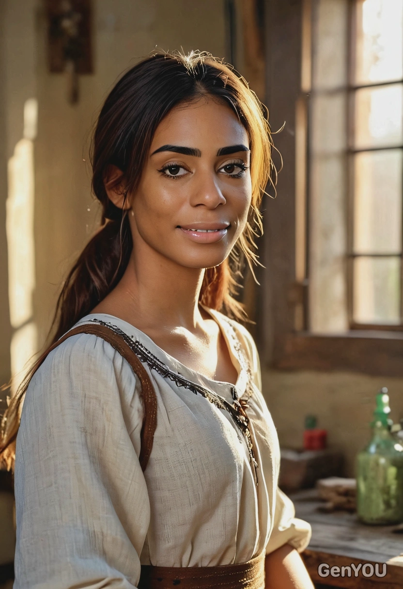 cinematic quality colors, realistic skin texture, sun-kiseed cheeks with freckles, hyperrealistic textured face skin, sharp high-quality, sharp focus on the face, medieval herbalist, wearing a medivial linnen chemise, standing next to the table, blurry craft workshop  on the background, in the golden hour,  long shadows, sun rays from the window reflect on the floor
