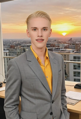 business person, wearing am oversized grey business suit, official hairstyle, smiling happily, short haircut, sunset in the office, golden hour