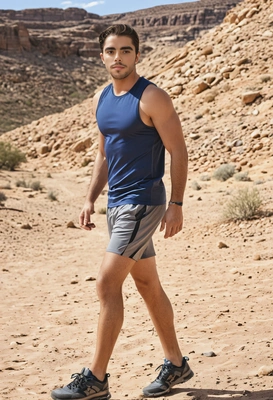 in a sleeveless shirt and jogging shorts on a desert hike, full body shot