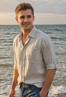 in a loose linen shirt, denim shorts, walking along the shoreline with the ocean behind him, blurred background, soft focus, at sunset, the warm light reflecting off the water onto his face, clear facial features