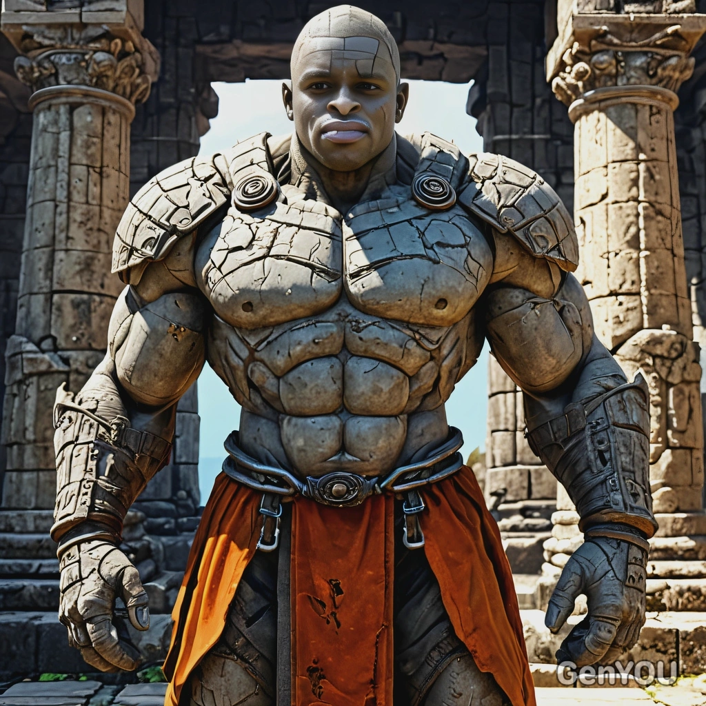 As a stone golem, standing in a ruined temple, looking directly at you, vivid colors, symmetrical clothing details, video game style, high-quality stylized art