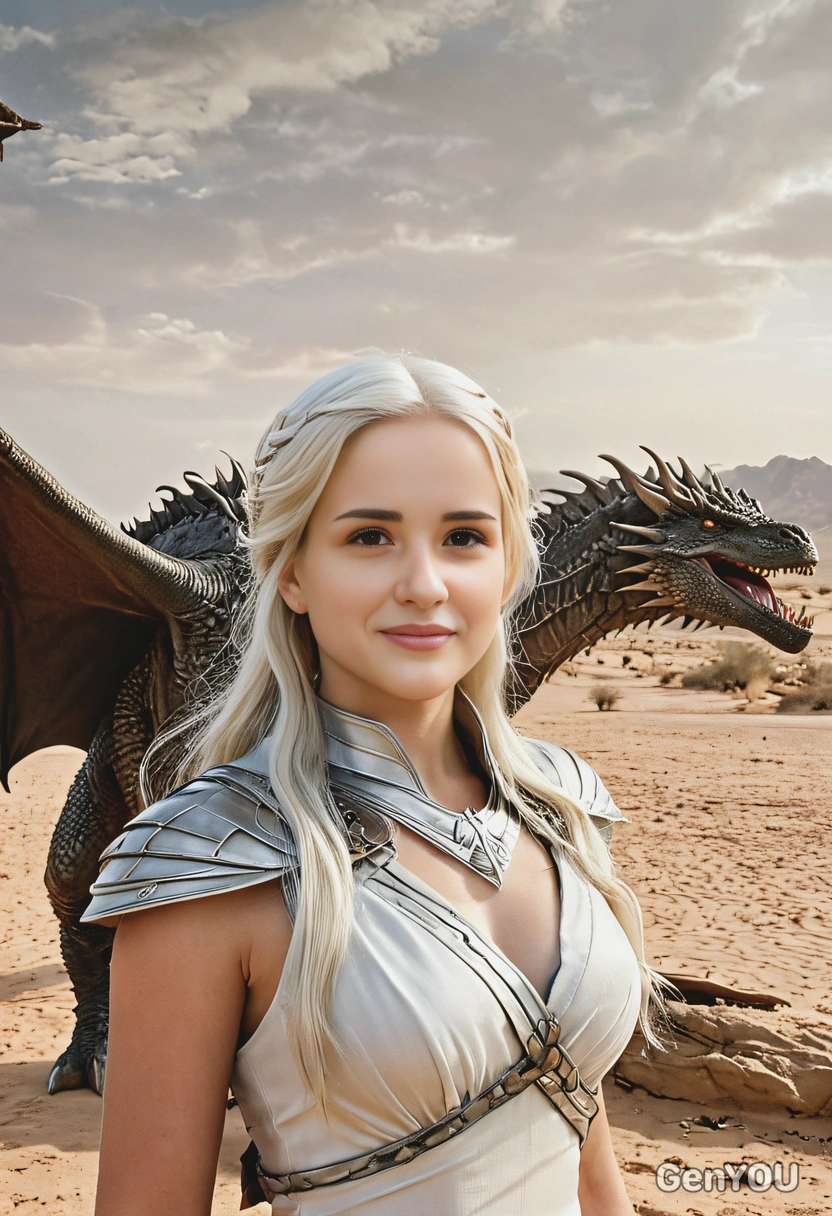 as Daenerys Targaryen, her silver hair flowing, in the deserts outside Meereen, her dragon roars behind her