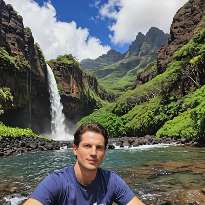 As a tourist, relaxing across the towering waterfalls and isolated crescent beaches at Na Pali Coast in Hawaii, half body view 